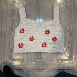 wild fable White Crochet Knit Tank with Subtle Red Accent